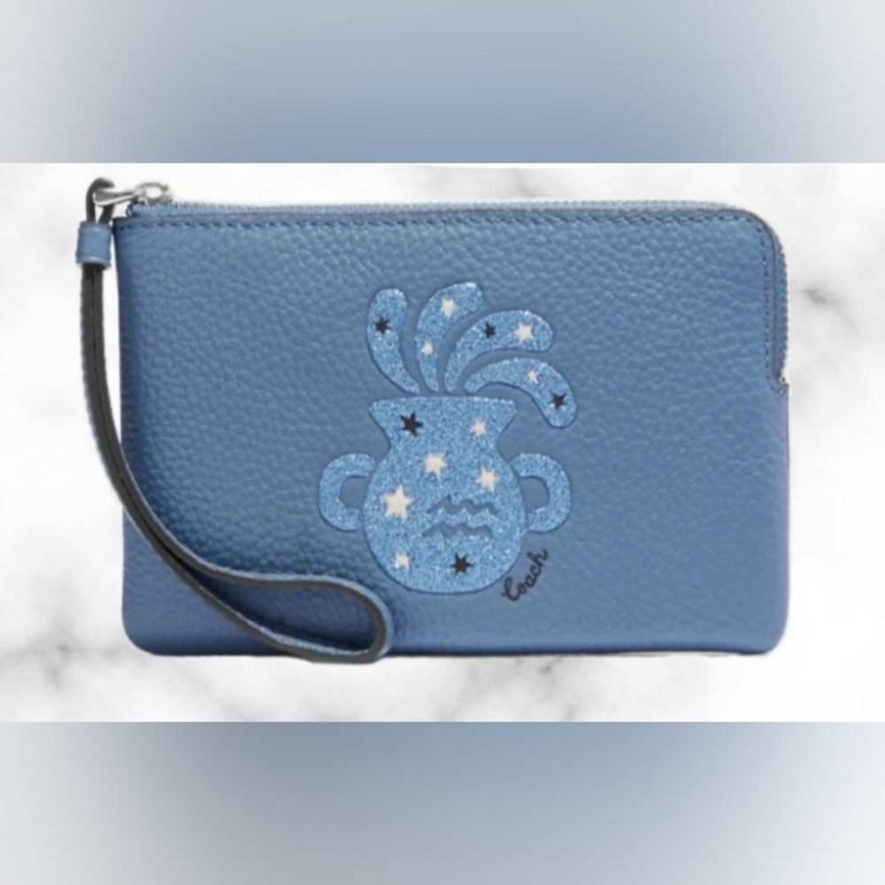 NWT Coach Corner Zip Wristlet Astrology Water Sign Aquarius Blue Leather Sparkle